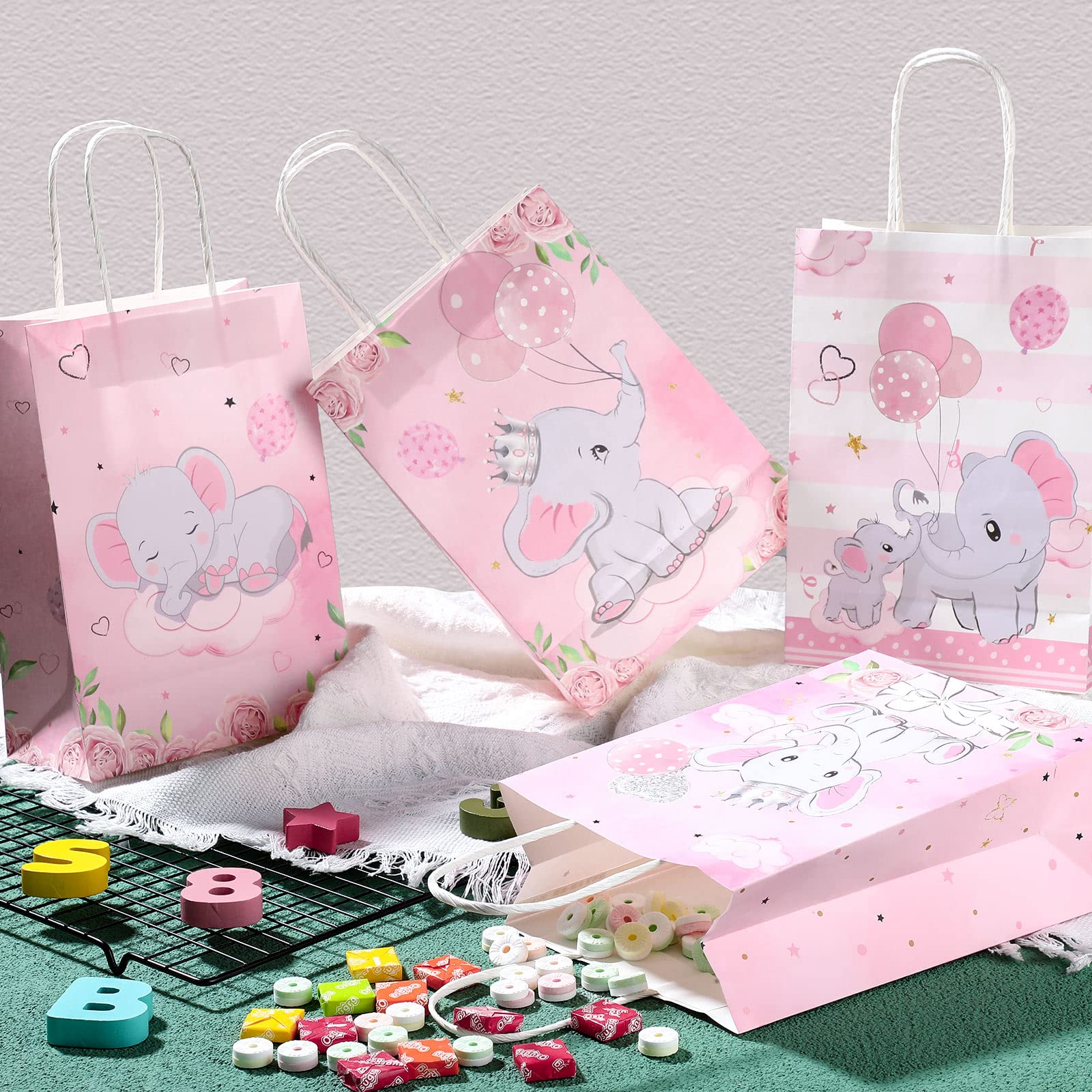 24 Pack Elephant Baby Gift Bags Baby Shower Treat Bags Birthday Party Favor Bags Candy Goodie Bags for New Parents Sprinkle Birthday Party Boy Girl Baby Shower Kids Animal Theme Supplies Decor(Pink)