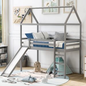 harper & bright designs twin size loft bed with slide, kids house bed with slide, solid wood bed frame for kids girls & boys, gray