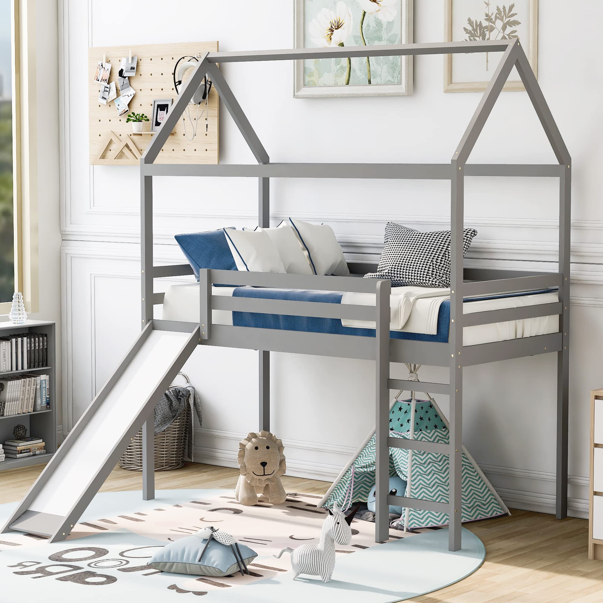 Harper & Bright Designs Twin Size Loft Bed with Slide, Kids House Bed with Slide, Solid Wood Bed Frame for Kids Girls & Boys, Gray