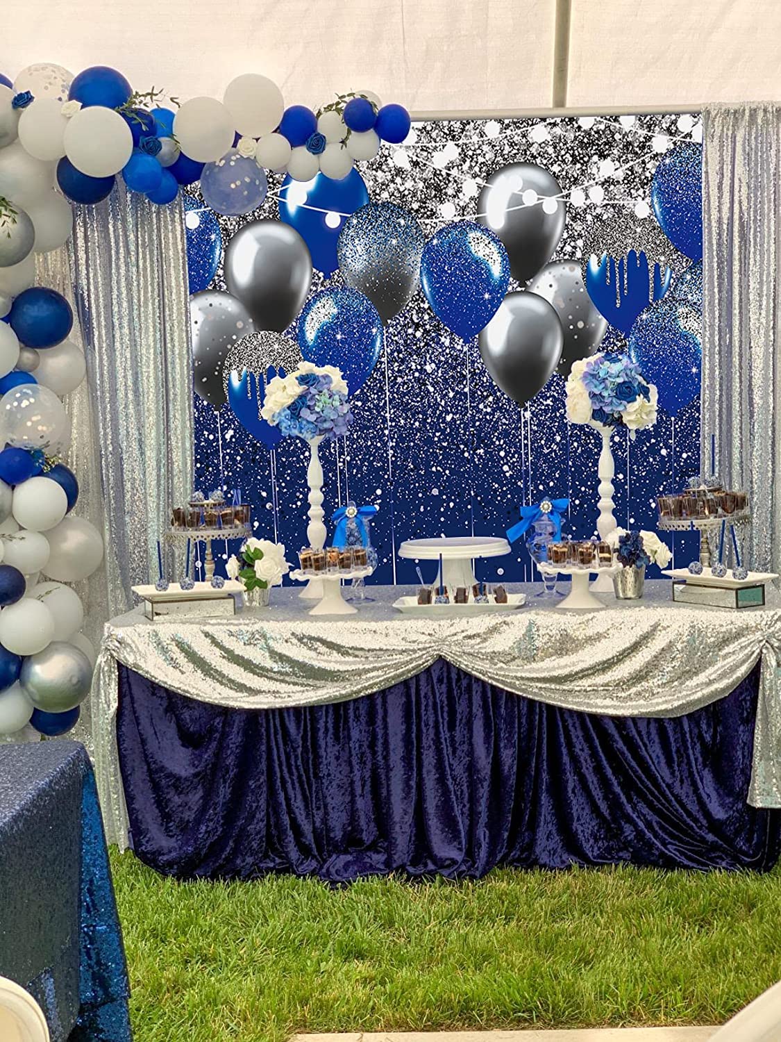 Royal Blue Glitter Backdrop Blue and Silver Black Balloon Sequin Photography Background for Birthday Wedding Graduation Prom Party Banner Decoration Photo Props (8x6FT)