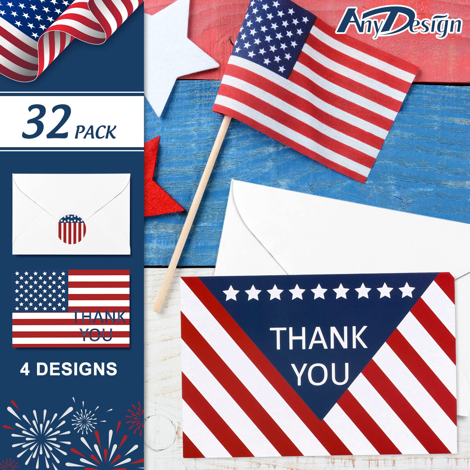 AnyDesign 32 Pack Patriotic Thank You Cards with Envelopes Stickers American Flag Greeting Cards 4th of July USA Note Cards for Party Essentials Independence Day and All Occasions