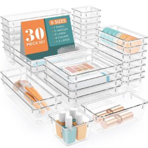 wowbox 30 pcs clear plastic drawer organizer set, 5 sizes desk drawer divider organizers and storage bins for makeup, jewelry, gadgets for kitchen, bedroom, bathroom, office