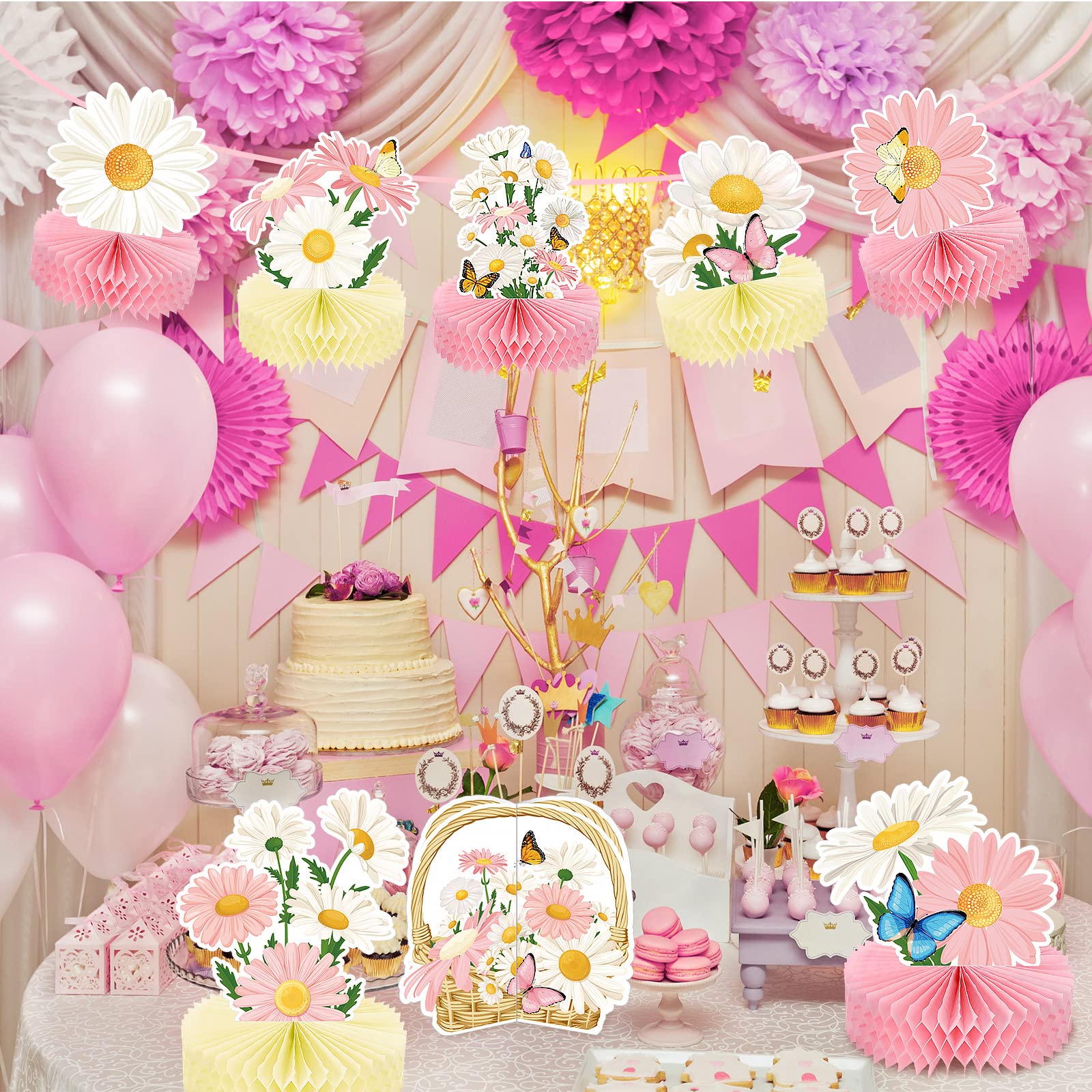 Hotop 9 Pcs Daisy Flower Birthday Party Decorations Daisy Butterfly Honeycomb Centerpieces 3D Daisy Centerpieces for Tables Pink Daisy Table Toppers Boho Groovy Party Decorations Girl Baby Shower