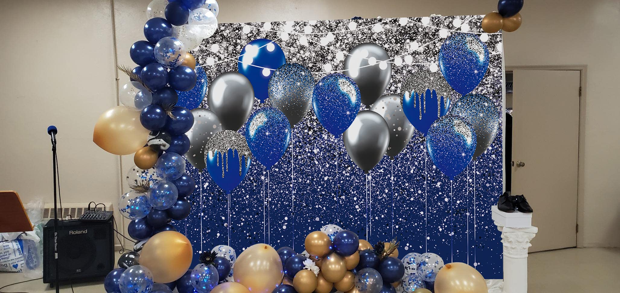 Royal Blue Glitter Backdrop Blue and Silver Black Balloon Sequin Photography Background for Birthday Wedding Graduation Prom Party Banner Decoration Photo Props (8x6FT)