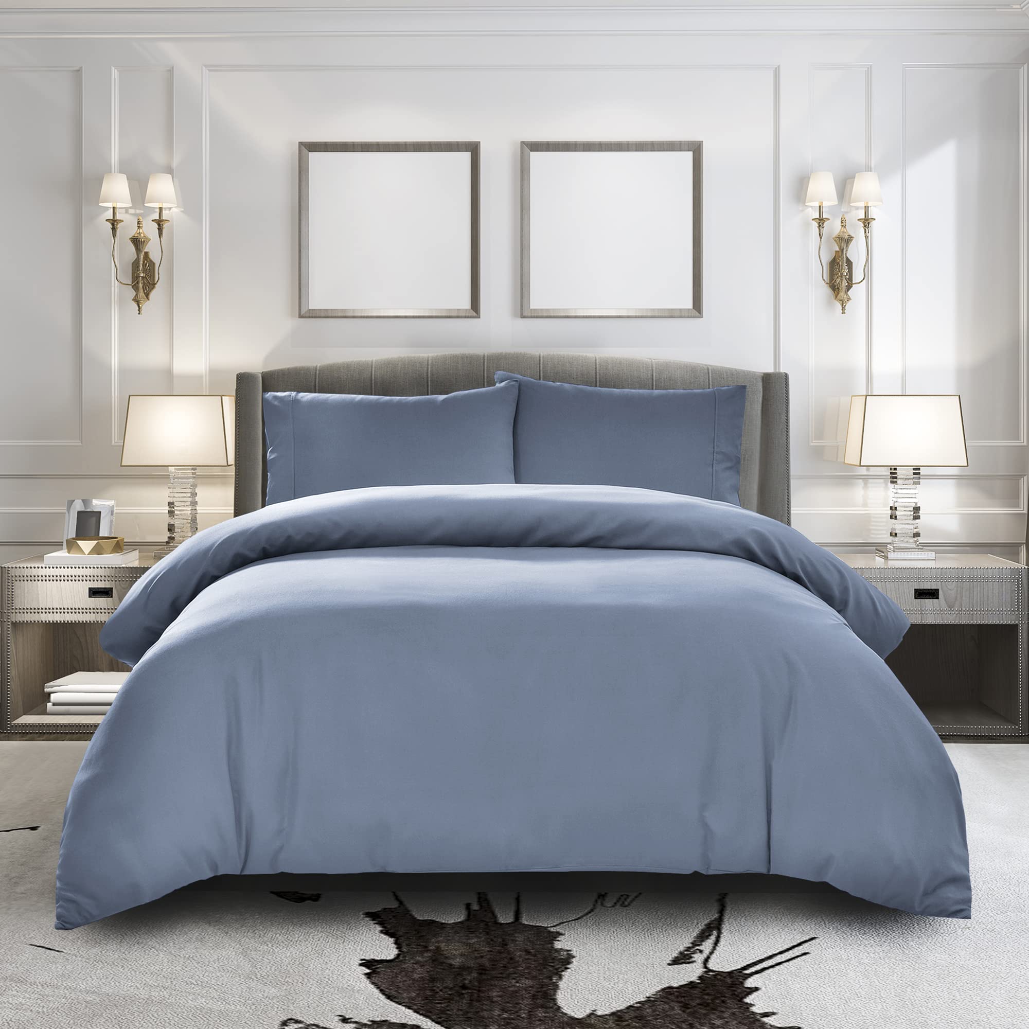 Pure Bedding Duvet Cover Queen [3-Piece, Ash Blue] - 1 Comforter Protector with Zipper Flap and 2 Pillow Shams - Hotel Luxury 1800 Brushed Microfiber - Ultra Soft, Cool and Breathable Comforter Cover