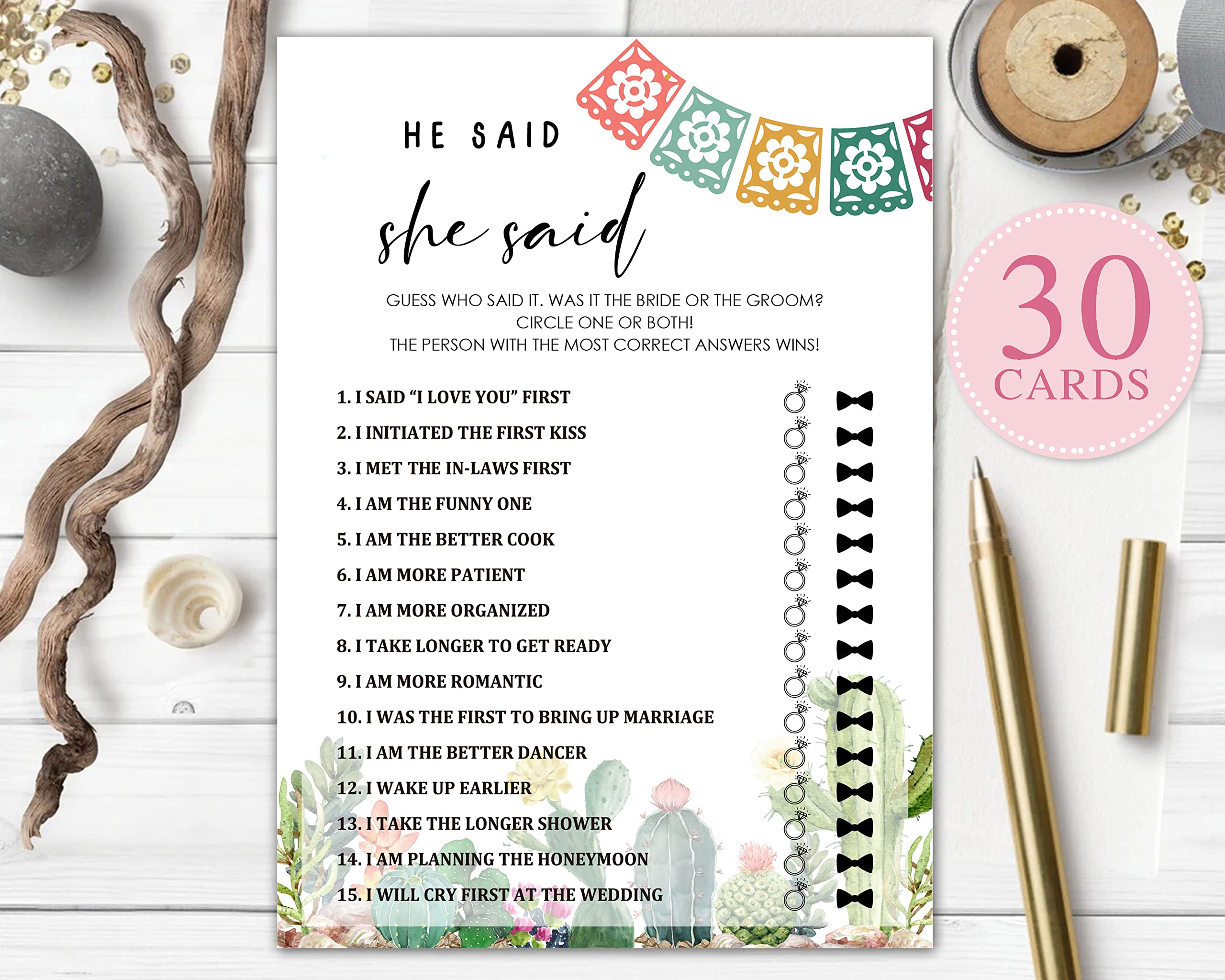 Bridal Shower Games, Fiesta Mexican Bridal Shower Decorations, He Said She Said Cards for Bridal Shower Bachelorette Party, Wedding Engagement Party, Set of 30 Game Cards (A10)