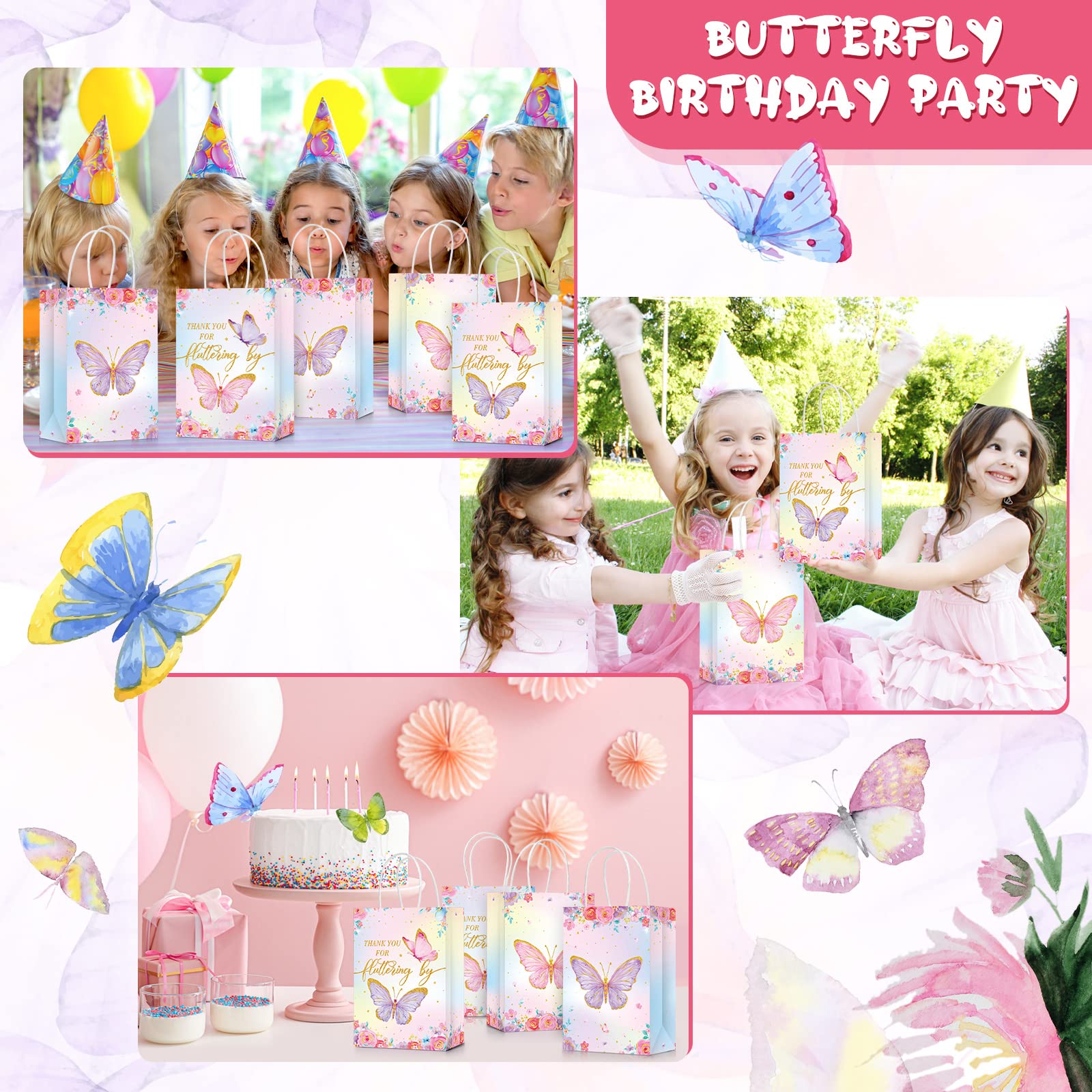 24 Pcs Butterfly Party Favors Gift Bags Goodie Treat Candy Bags Thank You for Fluttering by Paper Bags with Handles for Girls Butterfly Birthday Party Supplies Baby Shower (Watercolor Style)