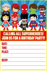 20x super hero kids birthday invitations and envelopes – fill-in happy birthday party invitations for kids, 6x4 inches, postcard style