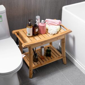 Forevich Bamboo Shower Bench Stool with Storage Shelf Waterproof Shower Chair Spa Bath Seat Excellent for Indoor Use Natural