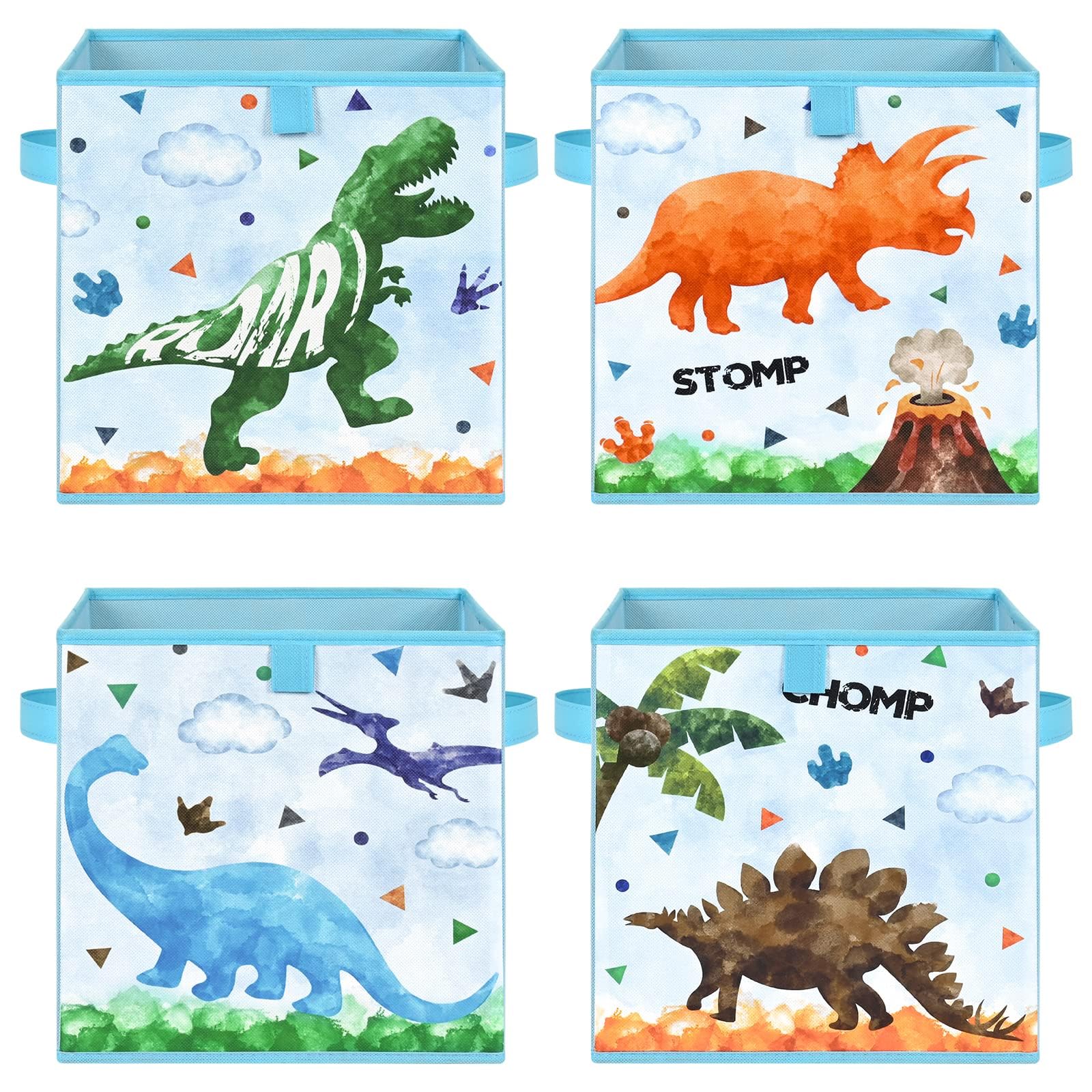 WERNNSAI Cube Storage Bins - 4 Pack Fabric Foldable Storage Cube Organizer for Kids Decorative Storage Baskets with Handles 11" x 11" Home Closet Nursery Room Bedroom (Dinosaur)