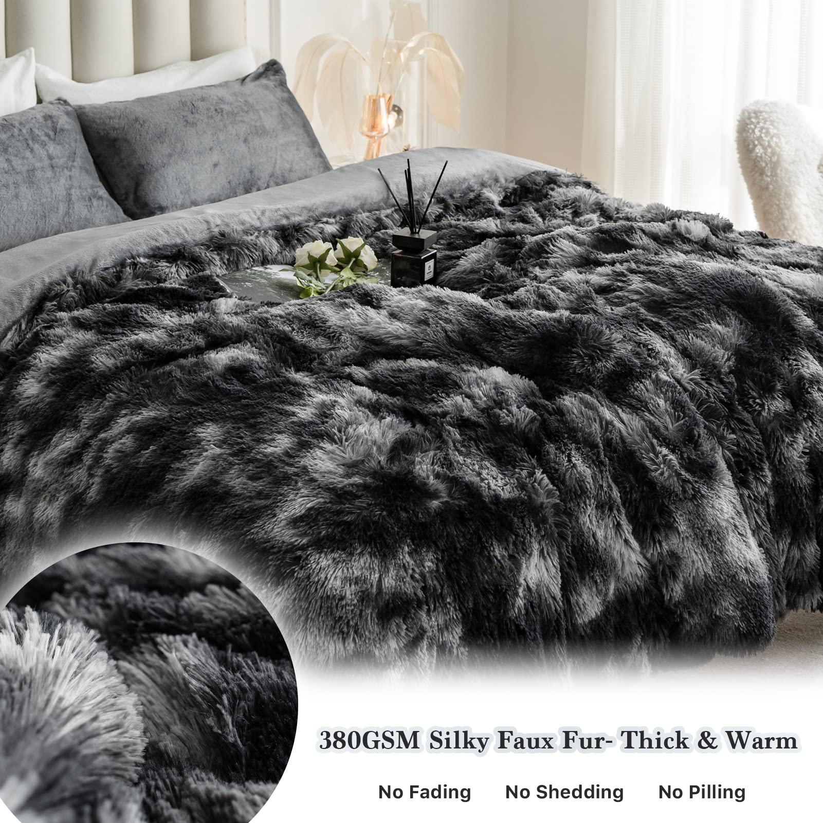 CHOSHOME Plush Shaggy Duvet Cover Queen Size, 3 PCS Fluffy Comforter Fuzzy Flannel Bedding Sets(1 Faux Fur Duvet Cover + 2 Pillowcases), Zipper Closure & 8 Corner Ties, Tie-Dye Dark Grey