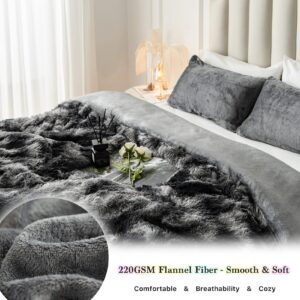 CHOSHOME Plush Shaggy Duvet Cover Queen Size, 3 PCS Fluffy Comforter Fuzzy Flannel Bedding Sets(1 Faux Fur Duvet Cover + 2 Pillowcases), Zipper Closure & 8 Corner Ties, Tie-Dye Dark Grey