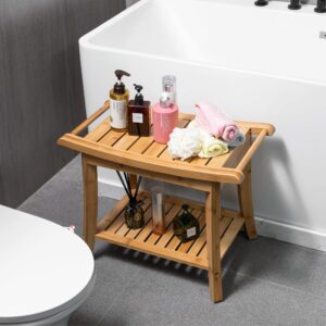 Forevich Bamboo Shower Bench Stool with Storage Shelf Waterproof Shower Chair Spa Bath Seat Excellent for Indoor Use Natural