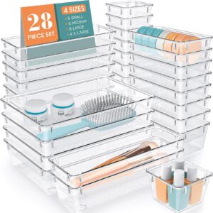 wowbox 28 pcs clear plastic drawer organizer set, 4 sizes desk drawer divider organizers and storage bins for makeup, jewelry, gadgets for kitchen, bedroom, bathroom, office