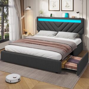 adorneve full size led bed frame with 4 drawers, platform bed frame with 2 usb charging station, upholstered bed with storage, no box spring needed, easy assembly, dark grey