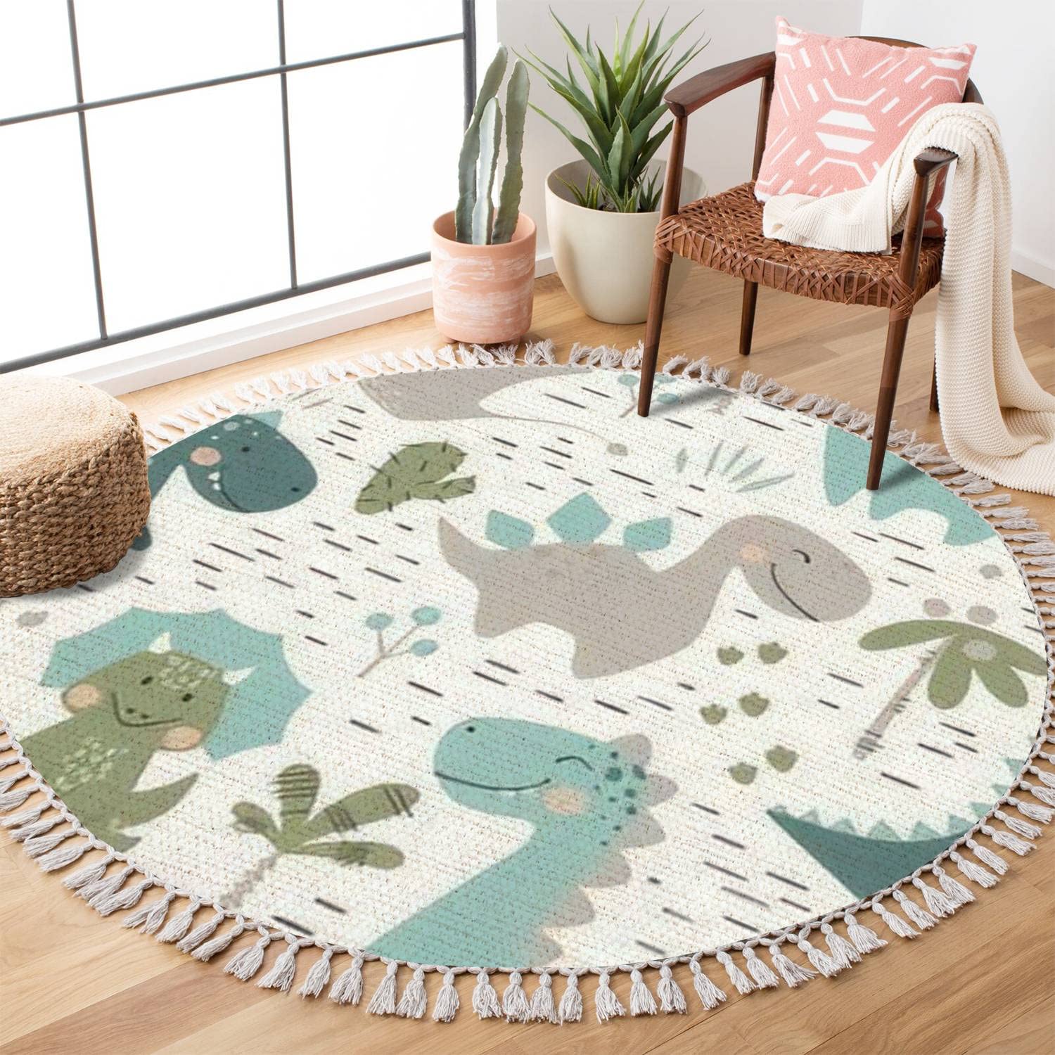 Round Rugs Dinosaur Baby boy Childish Sweet Dino with Palm and Cactus Boho Area Rug Linen and Cotton Carpet Meditation Rug Washable Hallway Runner Mat Accent Rug for Bedroom Bathroom 6ft