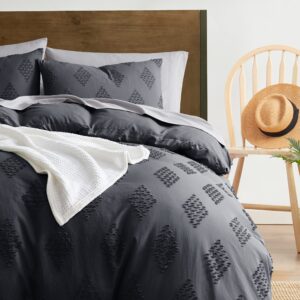 Nestl Boho Bedding Queen - Grey Duvet Cover Queen Size, Textured Queen Duvet Cover Set, 3 Piece Tufted Boho Duvet Cover with Zipper Closure, 1 Queen Size Duvet Cover 90x90 Inches and 2 Pillow Shams