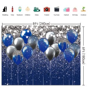 Royal Blue Glitter Backdrop Blue and Silver Black Balloon Sequin Photography Background for Birthday Wedding Graduation Prom Party Banner Decoration Photo Props (8x6FT)