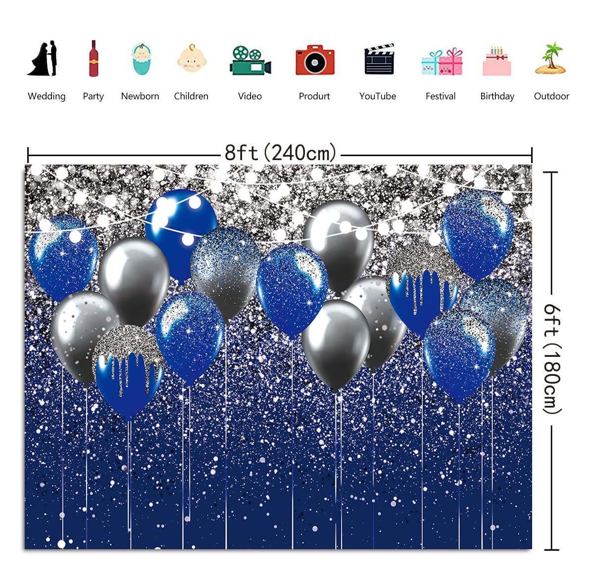 Royal Blue Glitter Backdrop Blue and Silver Black Balloon Sequin Photography Background for Birthday Wedding Graduation Prom Party Banner Decoration Photo Props (8x6FT)