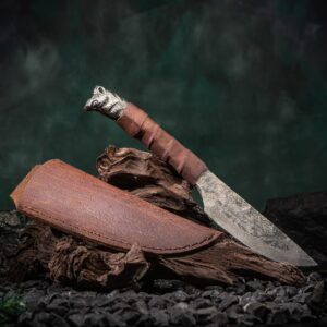 Odin's Raven Norse Viking-styled Knife 10.3" - Hand Forged 6.5" Carbon Steel Blade, Raven's Head Hilt and Leather Sheath - Unique Medieval Seax Style - Norse Knife for Hunting & Camping