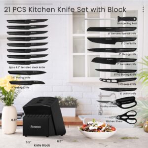 Astercook Knife Set, 21 Pieces Chef Knives Set with Block for Kitchen, German Stainless Steel Handle One-Piece Design Knife Block Sets, Dishwasher Safe, Black