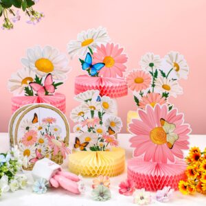 Hotop 9 Pcs Daisy Flower Birthday Party Decorations Daisy Butterfly Honeycomb Centerpieces 3D Daisy Centerpieces for Tables Pink Daisy Table Toppers Boho Groovy Party Decorations Girl Baby Shower