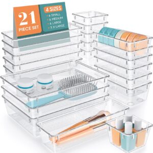 wowbox 21 pcs clear plastic drawer organizer set, 4 sizes desk drawer divider organizers and storage bins for makeup, jewelry, gadgets for kitchen, bedroom, bathroom, office