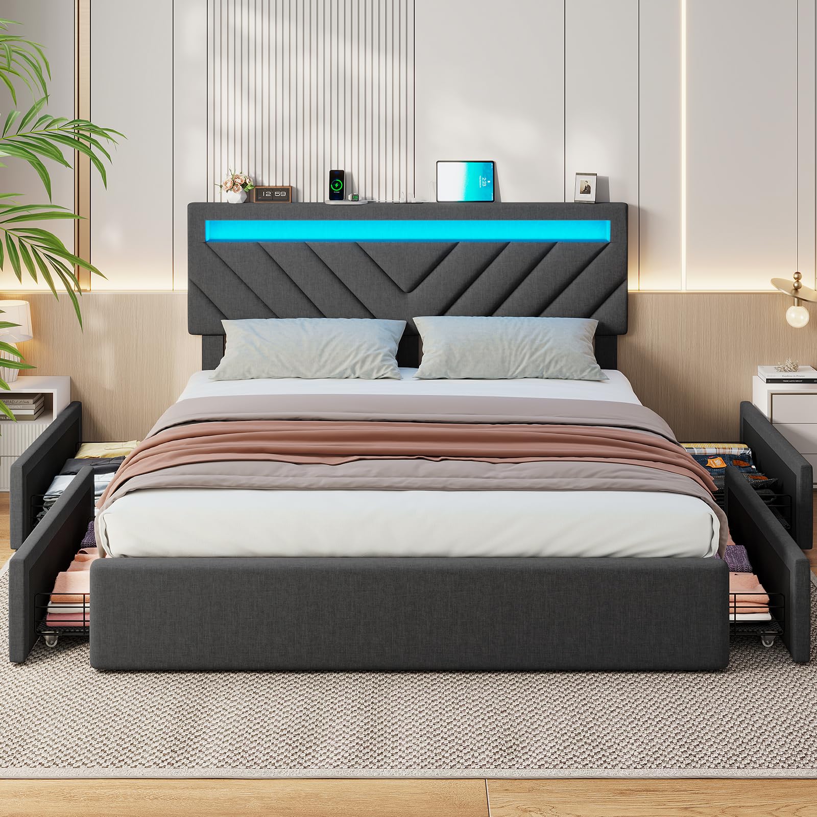 ADORNEVE Full Size LED Bed Frame with 4 Drawers, Platform Bed Frame with 2 USB Charging Station, Upholstered Bed with Storage, No Box Spring Needed, Easy Assembly, Dark Grey