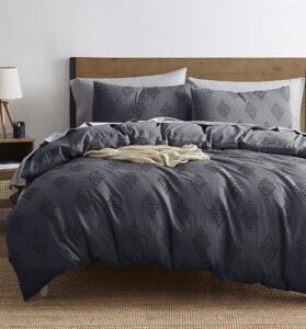 nestl boho bedding queen - grey duvet cover queen size, textured queen duvet cover set, 3 piece tufted boho duvet cover with zipper closure, 1 queen size duvet cover 90x90 inches and 2 pillow shams