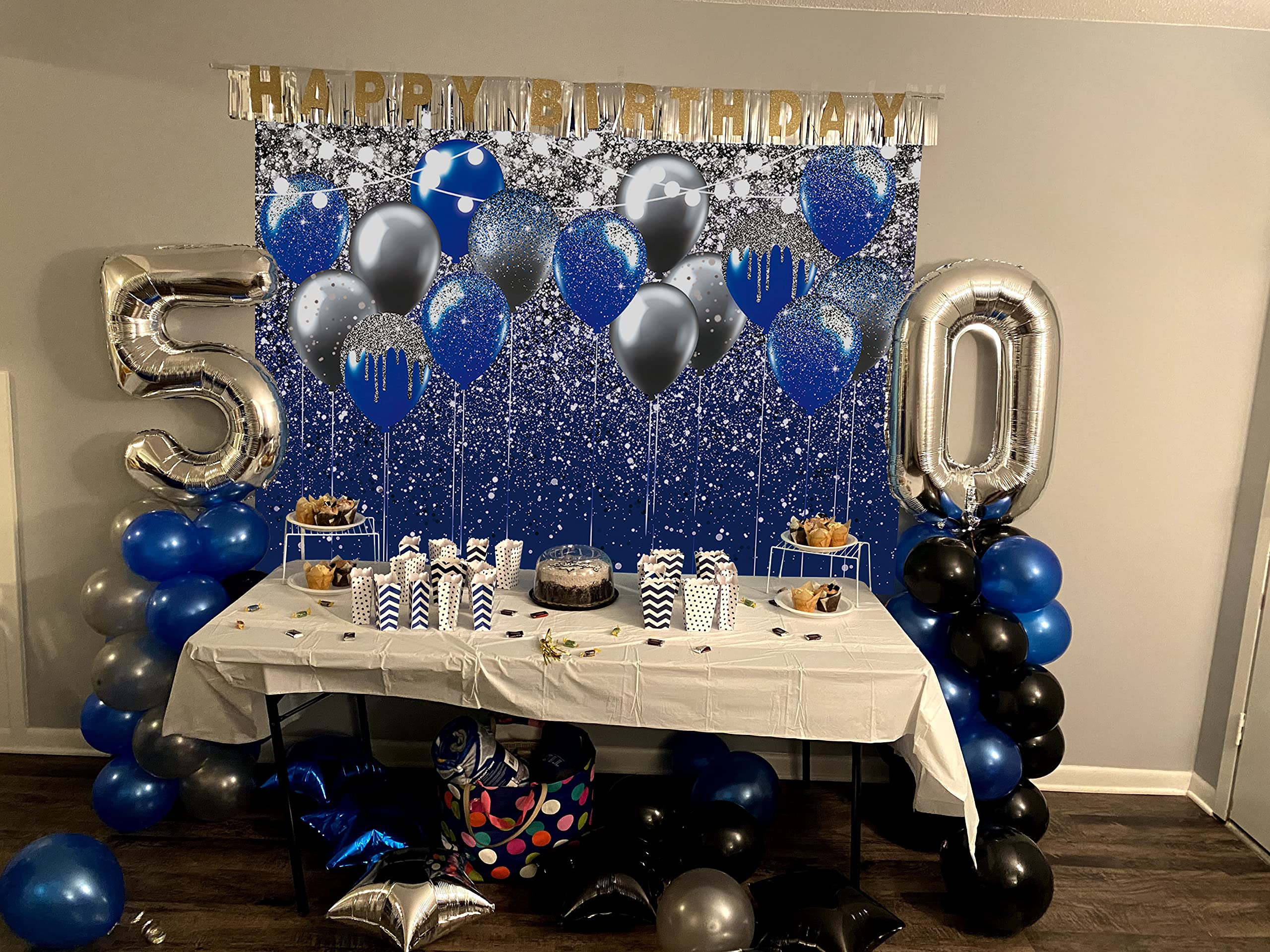 Royal Blue Glitter Backdrop Blue and Silver Black Balloon Sequin Photography Background for Birthday Wedding Graduation Prom Party Banner Decoration Photo Props (8x6FT)