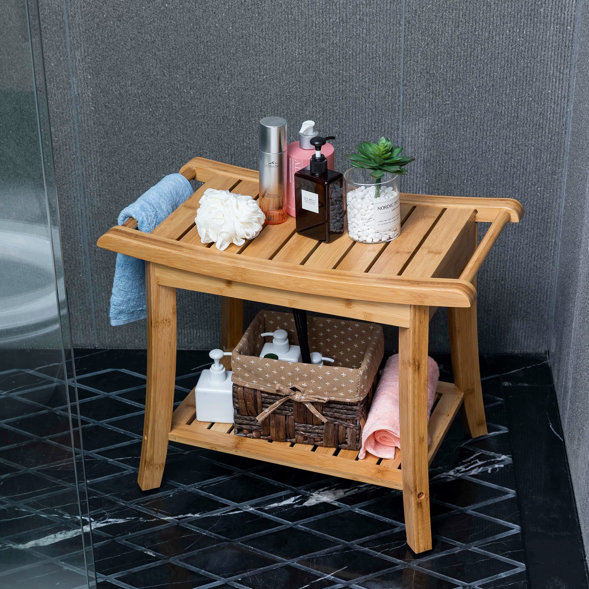 Forevich Bamboo Shower Bench Stool with Storage Shelf Waterproof Shower Chair Spa Bath Seat Excellent for Indoor Use Natural