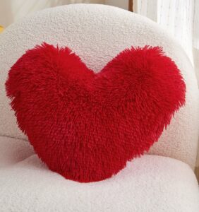 moowoo red heart faux fur throw pillow with pillow cover and insert,sherpa plush fluffy, solid color,christmas decorations,valentines day decor, heart shape gift for girls,love pillow (red)