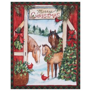 springs creative christmas three horses 36" panel red, fabric by the yard