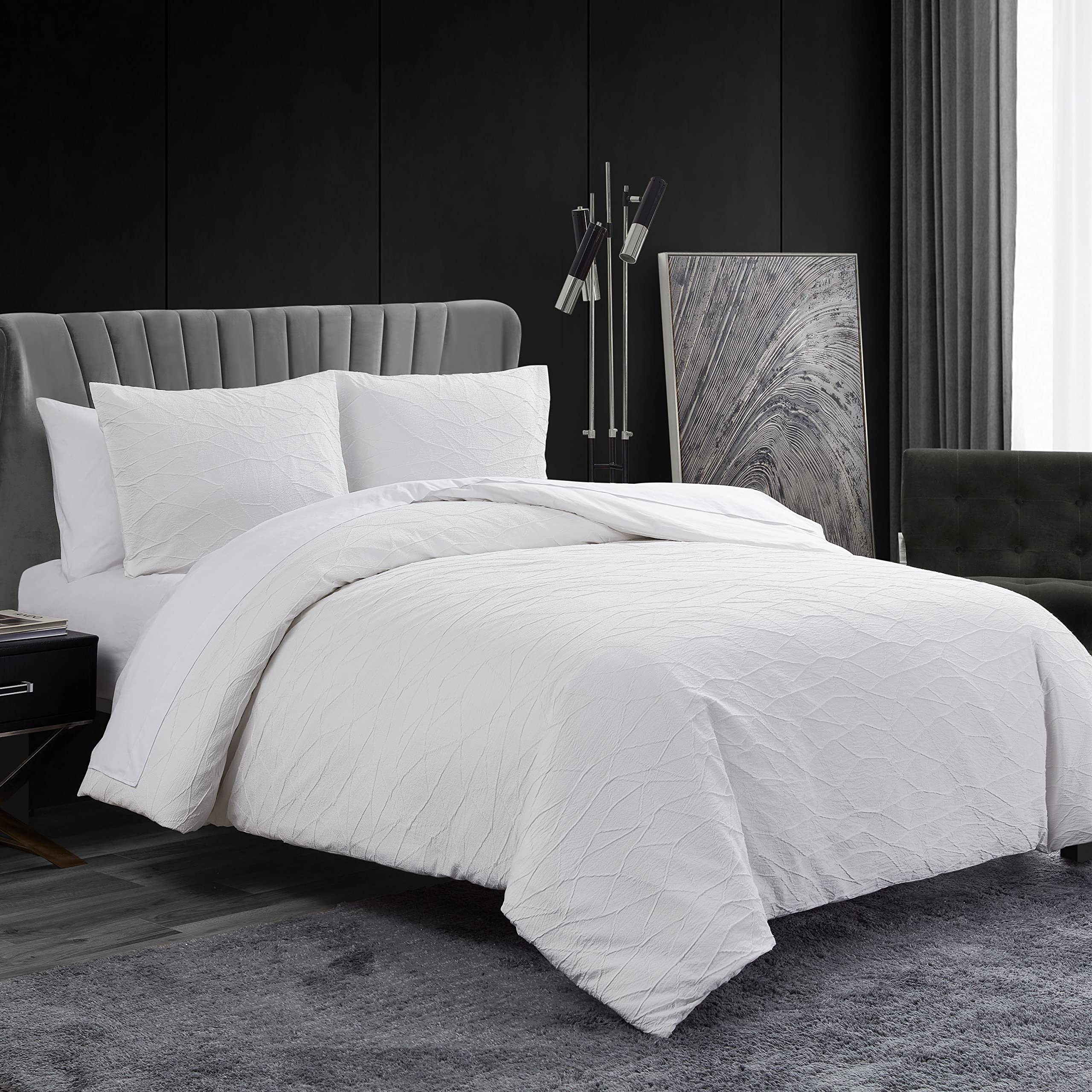 Vera Wang - Queen Duvet Cover Set, Luxury Bedding with Button Closure, Includes Matching Shams (Abstract Crinkle White, Queen)