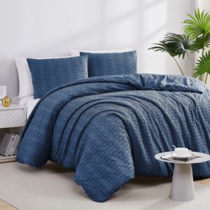 Southshore Fine Living, Inc. Oversized Clipped Jacquard Tufted Full/Queen Boho Duvet Cover with Zipper and Corner Ties, Easy Care 3-Piece Queen Duvet Cover Set with Two Matching Shams, Bali Navy Blue