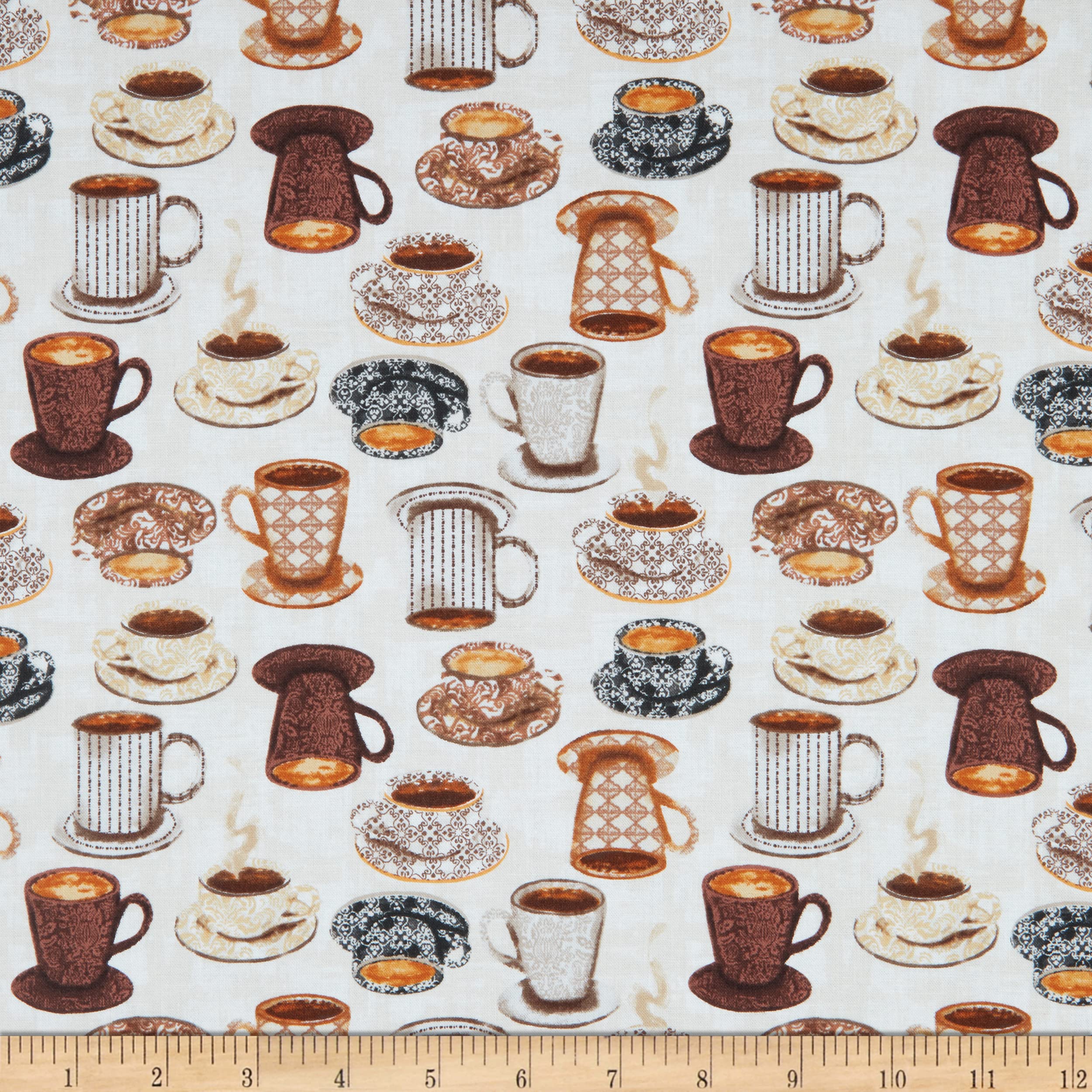 Windham Fabrics Whistler Studios Coffee Connoisseur Mug Collection Fabric, Cream