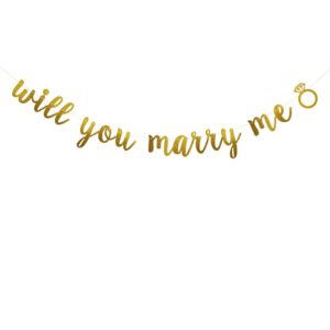 will you marry me banner, pre-strung,no assembly required,bachelorette/engagement/bridal showers/wedding party decorations supplies, gold glitter paper garlands backdrops, letters gold betteryanzi