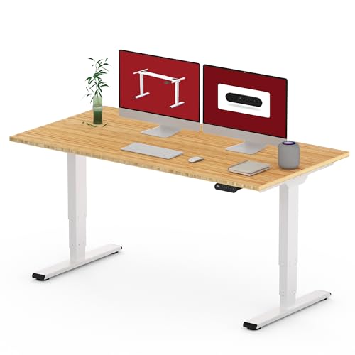 SANODESK 55 Inch 3 Stage Bamboo Electric Standing Desk, Dual Motor Height Adjustable Desk, Whole-Piece Bamboo Desktop Sit to Stand Home Office Desk (White Frame/ 55” x 28” Natural Bamboo Top)