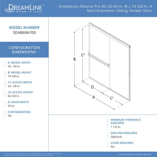 DreamLine Alliance Pro BG 56-60 in. W x 70 3/8 in. H Semi-Frameless Sliding Shower Door in Matte Black and Clear Glass