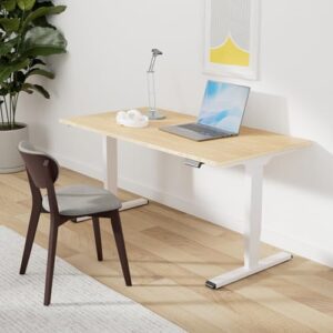 SANODESK 55 Inch 3 Stage Bamboo Electric Standing Desk, Dual Motor Height Adjustable Desk, Whole-Piece Bamboo Desktop Sit to Stand Home Office Desk (White Frame/ 55” x 28” Natural Bamboo Top)