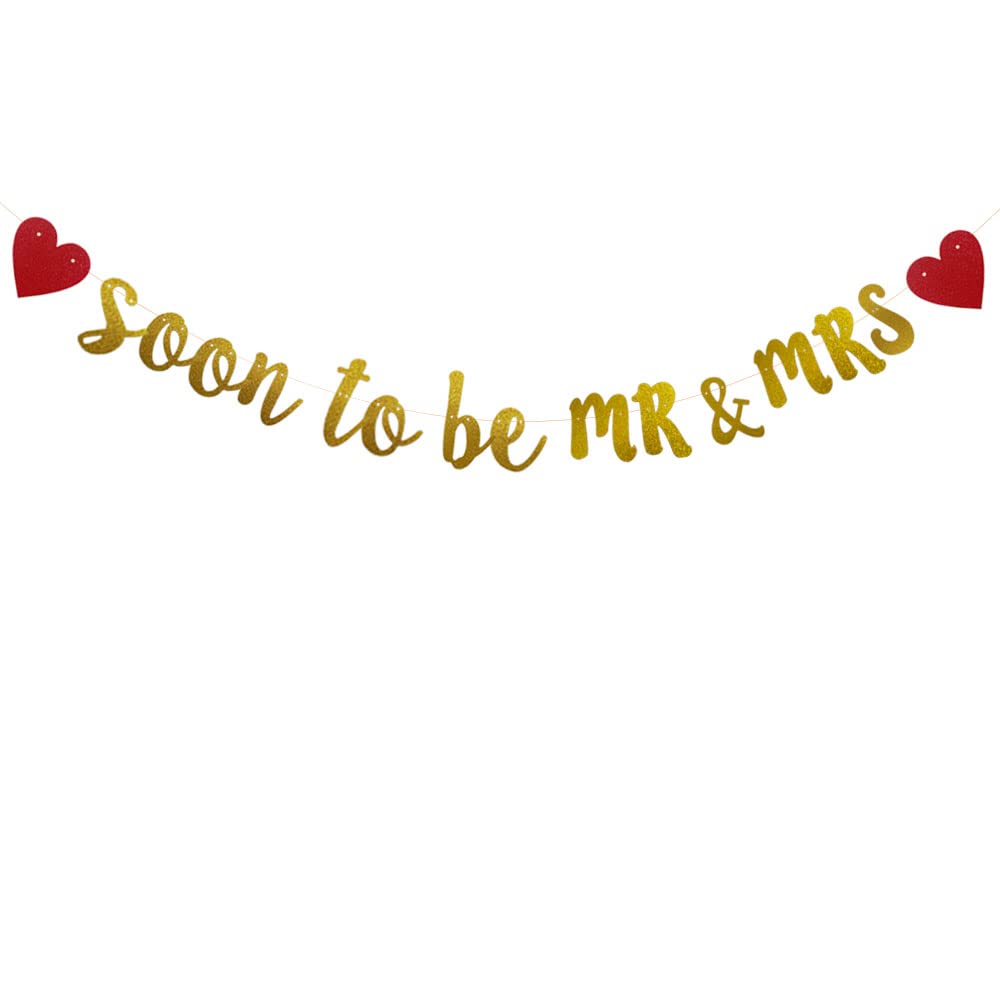 Soon to Be MR & MRS Banner, Pre-strung,No Assembly Required, Bachelorette/Bridal Showers/Engagement/Wedding Party Supplies Decorations, Gold Glitter Paper Garlands Backdrops, Letters Gold Betteryanzi