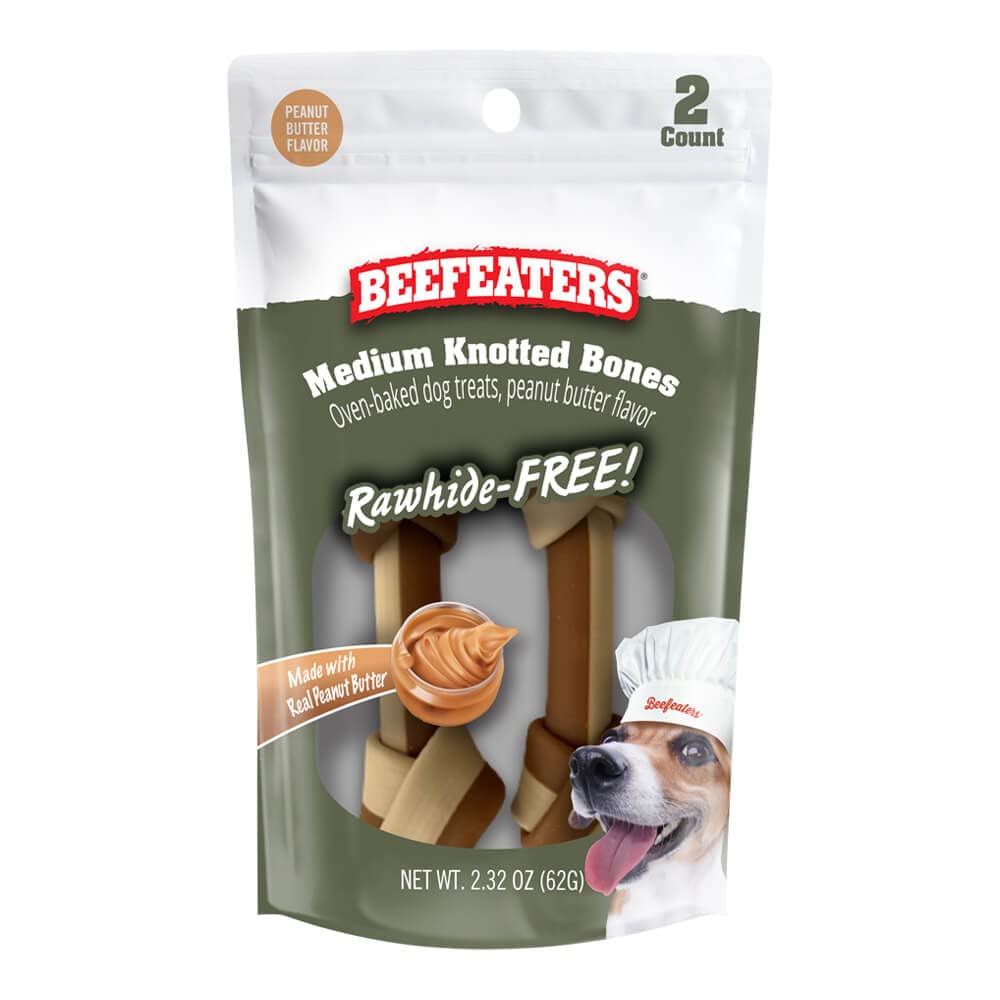 Beefeaters Dog Treats - Med Knotted Bone 4" PB Flavor 2ct, Case of 12 | Rawhide Free Dog Food | Real Peanut Butter | No Artificial Flavors | Dental Cleaning | Training Treats for All Dog Sizes