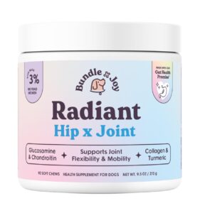 bundle x joy radiant hip and joint support supplement for dogs, 90 soft chews, glucosamine chondroitin for dogs with collagen, turmeric, msm, colostrum, helps support mobility and flexibility