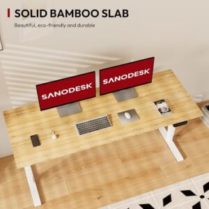 SANODESK 55 Inch 3 Stage Bamboo Electric Standing Desk, Dual Motor Height Adjustable Desk, Whole-Piece Bamboo Desktop Sit to Stand Home Office Desk (White Frame/ 55” x 28” Natural Bamboo Top)