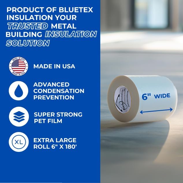 BlueTex Insulationㅤ 6" Wide x 180' Long White Vapor Barrier Seam Tape - 1 Roll Waterproofing and Great for Crawlspaces, Insulation Repair, Underlayment Seams, Metal Building Insulation Seams