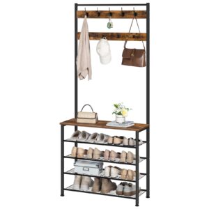 HOOBRO Hall Tree, Coat Rack with Shoe Rack, Hall Tree with Bench, 5 Tier Shoe Storage Organizer with 9 Hooks for Entryway, Closet, Sturdy, Industrial, Rustic Brown and Black BF80MT01G2