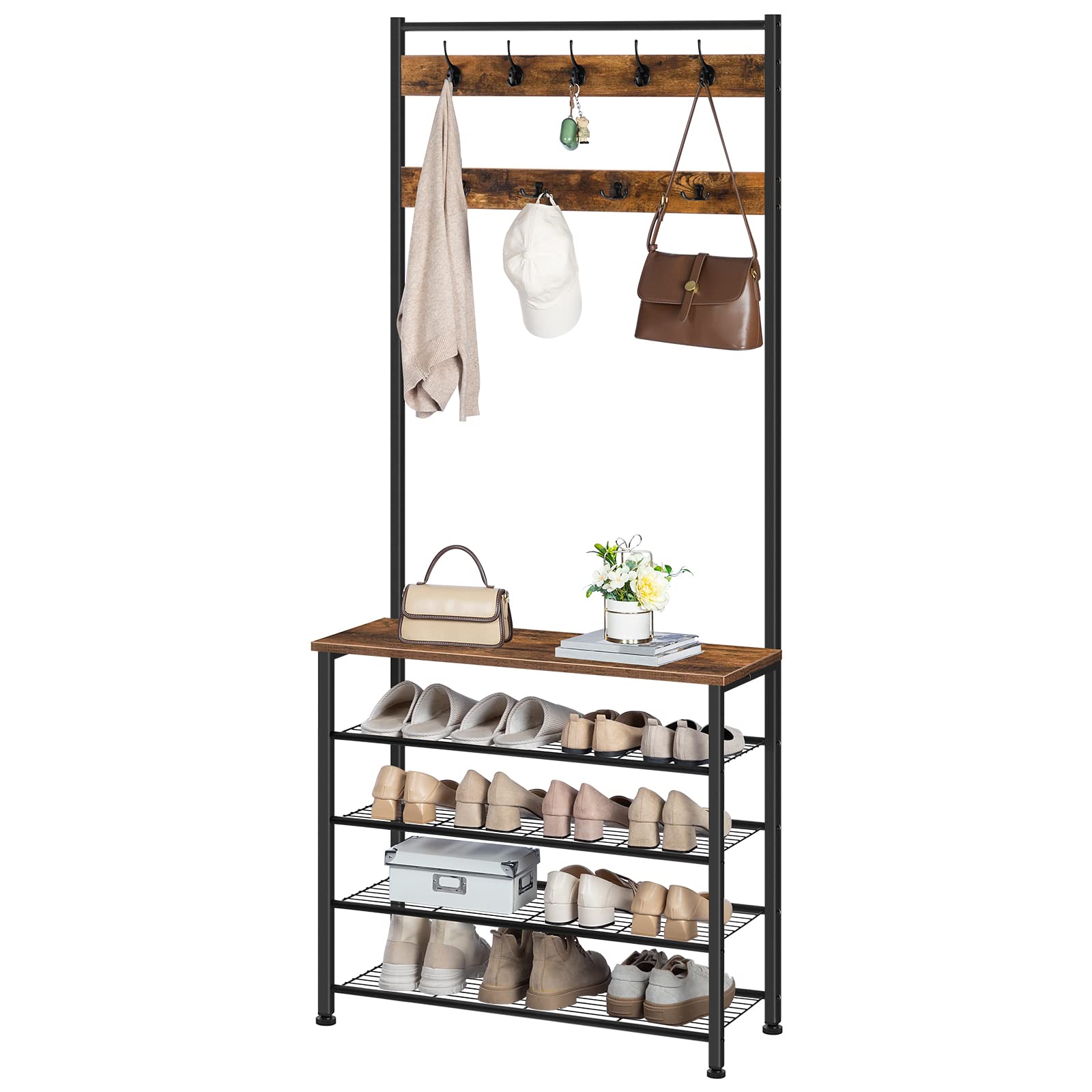 HOOBRO Hall Tree, Coat Rack with Shoe Rack, Hall Tree with Bench, 5 Tier Shoe Storage Organizer with 9 Hooks for Entryway, Closet, Sturdy, Industrial, Rustic Brown and Black BF80MT01G2