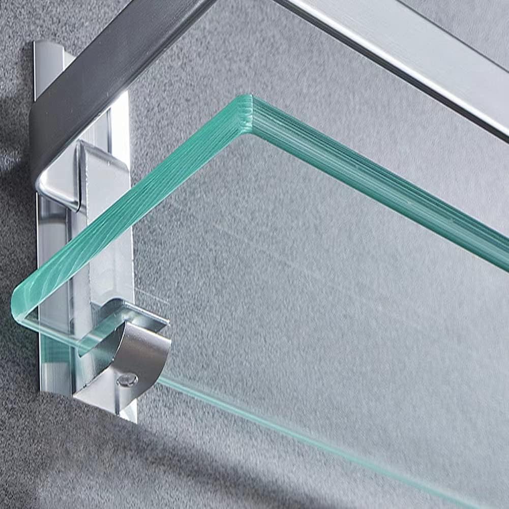 Melairy Bathroom Glass Shelf Tempered Glass Rectangular Extra Thick Aluminum Silver Sand Sprayed Wall Mounted 9.84 inches