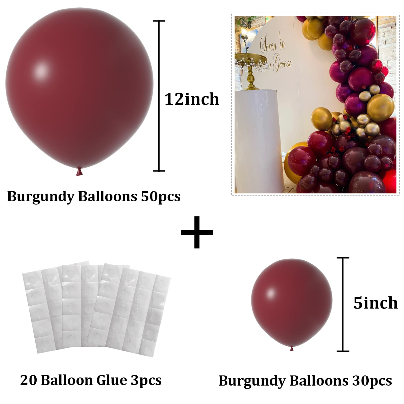 Janinus Burgundy Balloon Garland Arch Kit Maroon Balloons 12 In 5 In 80pcs Wine Red Balloons Matte Balloons for Graduation Wedding Bridal Shower Birthday Party Anniversary & Women Party Decoration