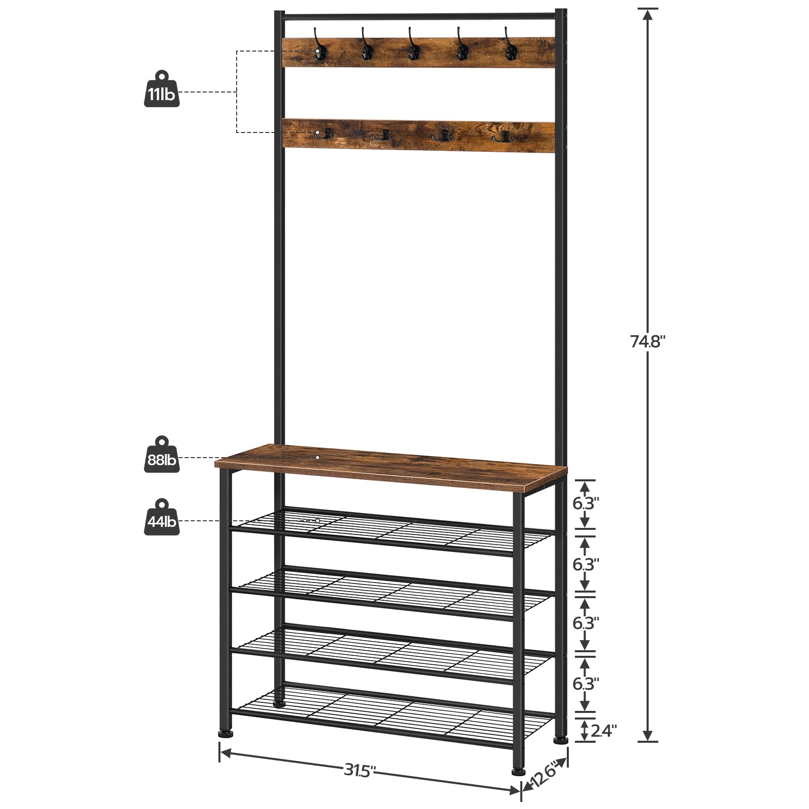 HOOBRO Hall Tree, Coat Rack with Shoe Rack, Hall Tree with Bench, 5 Tier Shoe Storage Organizer with 9 Hooks for Entryway, Closet, Sturdy, Industrial, Rustic Brown and Black BF80MT01G2